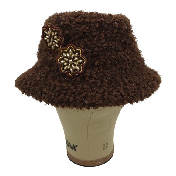 Cejon Brown Nubby Shaggy Sparkle Bucket Hat Floral Blossom One Size Festival Y2K - Picture 2 of 12